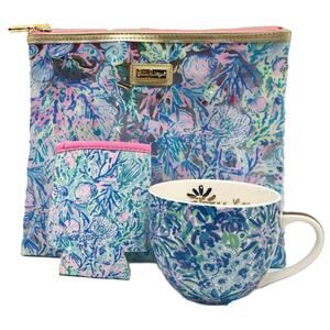 Lilly Pulitzer Blue Floral Hidden Lion Mug Beach Day Koozie Clear Pouch Set